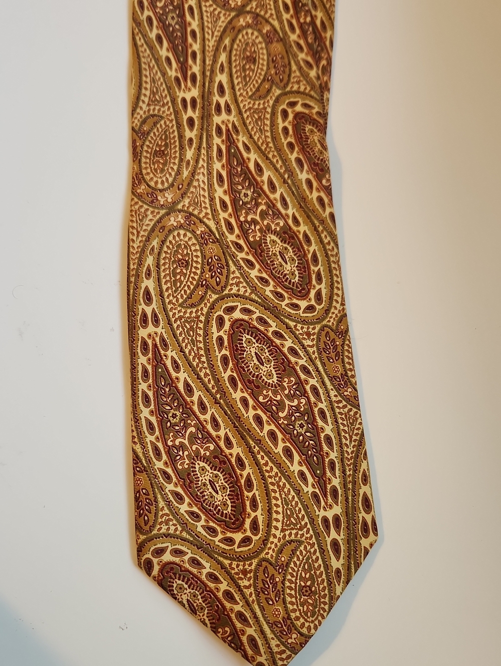 Vintage Burberrys Paisley Silk Tie in Gold and Burgundy Brown Accents